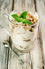 walnut ice cream with mint leaves