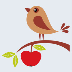 Tree branch with apple and cute bird