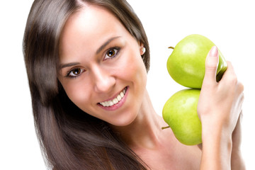Healthful eating-Beautiful woman holding apples, close-up photo