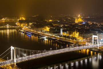 Budapest, night panorama on Danube with Elizabeth Bridge