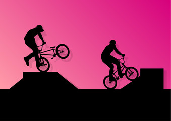 Extreme cyclists bicycle riders active children sport silhouette