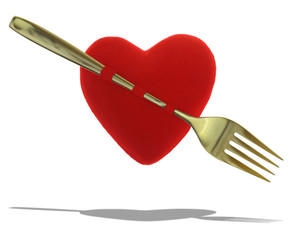 Red heart with gold fork as cameo isolated