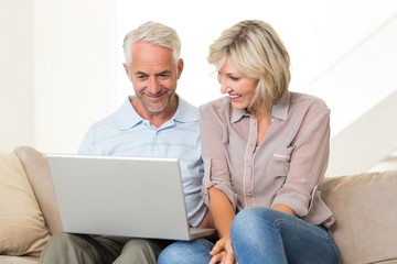 Happy mature couple using laptop on sofa