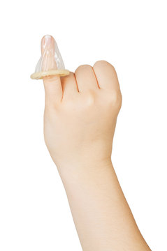 female hand holding condom