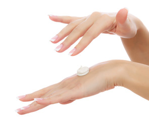 Female hands on white background