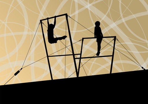 Active children sport silhouettes on uneven bars vector abstract
