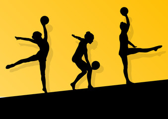 Active young girl gymnasts silhouettes in acrobatics ball abstra