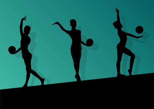 Active young girl gymnasts silhouettes in acrobatics ball abstra