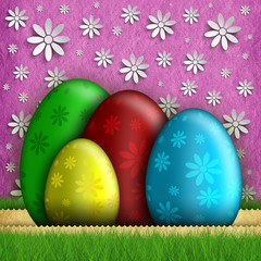 Happy Easter greeting card - colored eggs and flowers