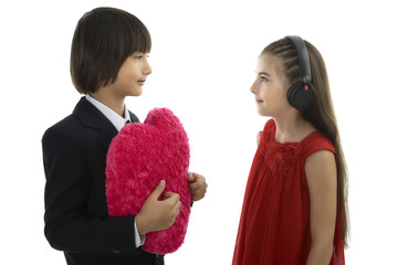 Asian young Man handing over love gift to young woman on Valenti
