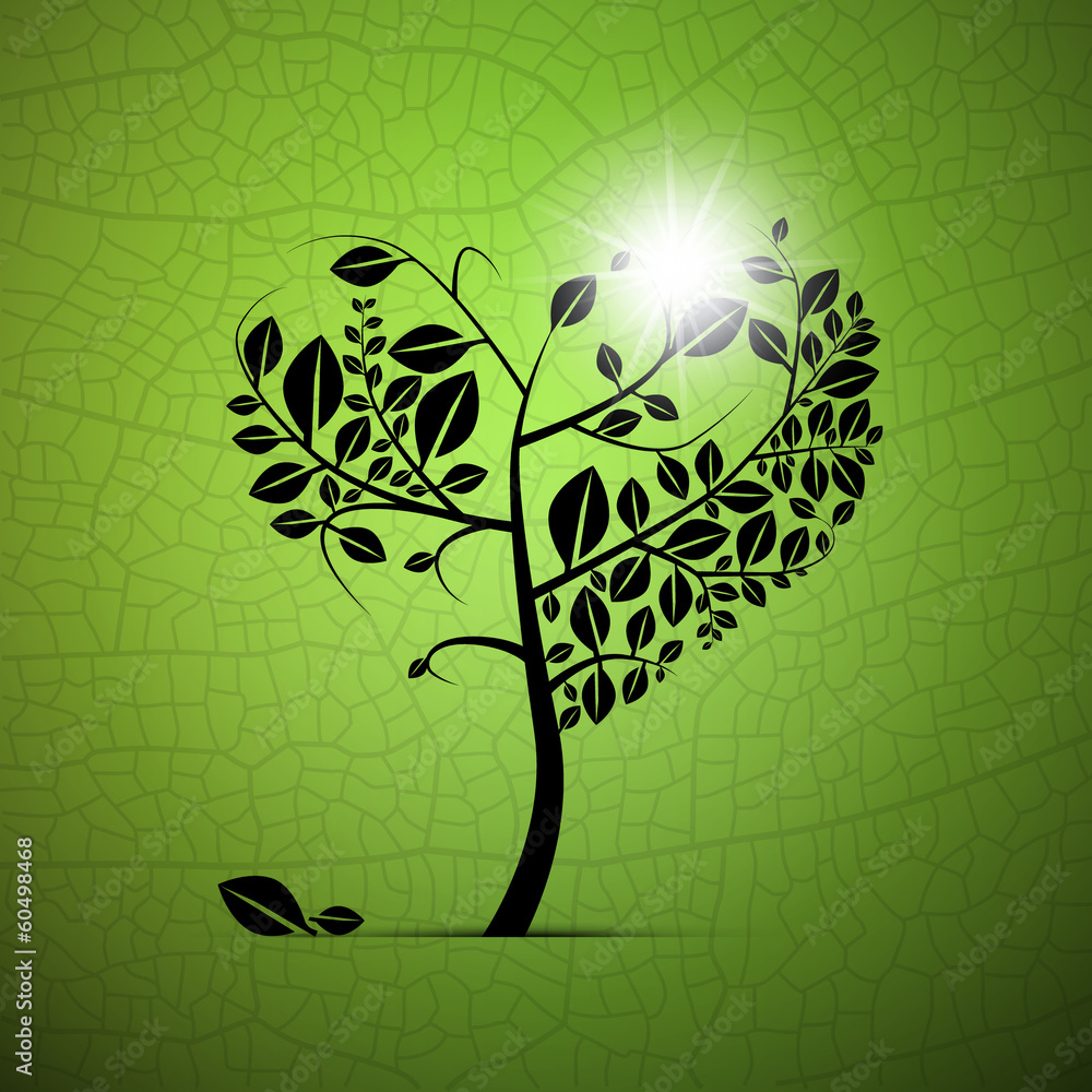 Poster abstract vector heart-shaped tree on green background