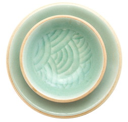 Celadon ceramic dishes , Thai Celadon on white background