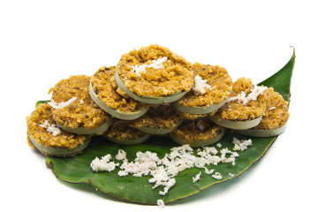 Traditional Thai Dessert on banana leaves.