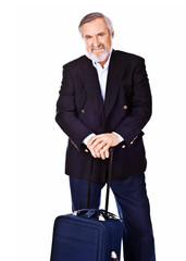 Bearded old man going on a trip with bag