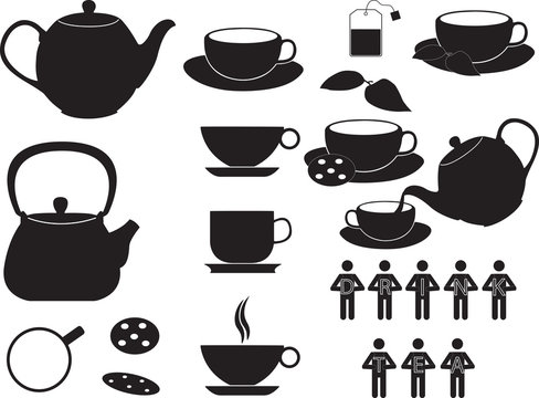 Tea cups and objects illustrated on white