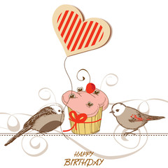 Birthday card with cute birds, cupcake and heart