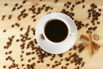 Coffee with cinnamon and beans