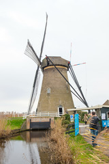 Traditional Dutch windmill in winter Kinderdijk