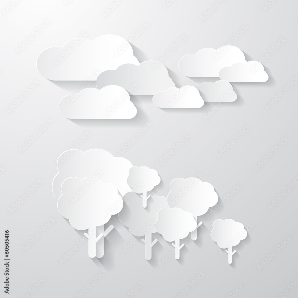 Poster vector clouds and trees cut from paper background