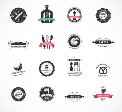 Set of vintage restaurant and food badges, labels