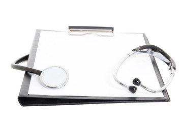 black clipboard with blank paper sheet and stethoscope isolated