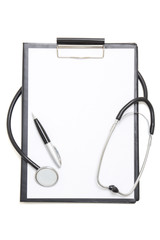 black clipboard with blank paper sheet, stethoscope and pen isol