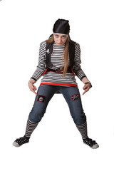 Actor in a pirate suit isolated on a white background.