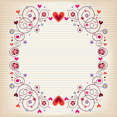 hearts and flowers frame on lined note book paper