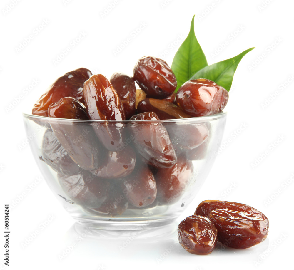 Sticker dried dates in glass bowl isolated on white