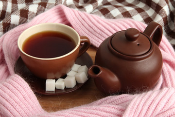 Cup and teapot with scarf on fabric background