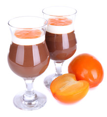 Dessert of chocolate and persimmon isolated on white