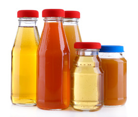 Baby food in glass jars, isolated on white