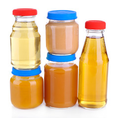 Baby food in glass jars, isolated on white