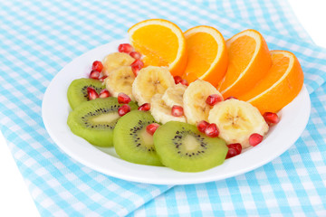 Sweet fresh fruits on plate on table close-up