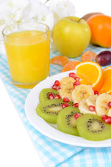 Sweet fresh fruits on plate on table close-up