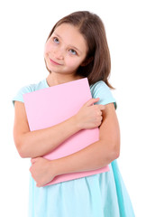 Beautiful little girl with book, isolated on white