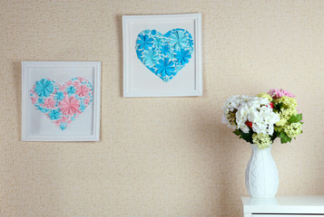 Beautiful handmade pictures with heart from paper flowers