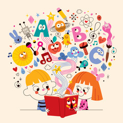 Fototapeta premium cute kids reading book education concept illustration