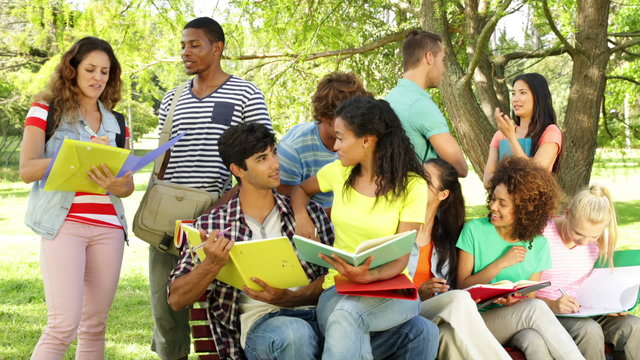 Happy students reading and chatting together outside on campus