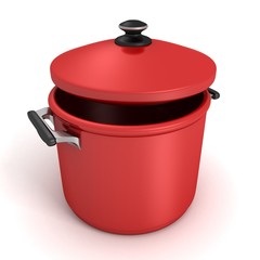 Red saucepan with cover on white background