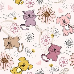 babies hand draw seamless pattern with cats