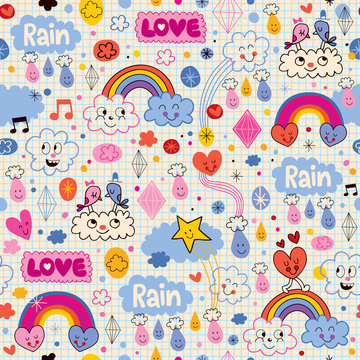 clouds rainbows birds rain love hearts pattern