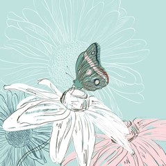 Illustration of beautiful butterflies flying around flower.