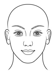 Schwarz-weiße Zeichnung eines Frauenportraits ohne Kopfhaar