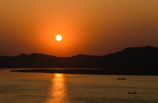 Sunset at Ayeyarwady river in Bagan, Myanmar
