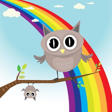vector cartoon cute little owl bird on tree branch