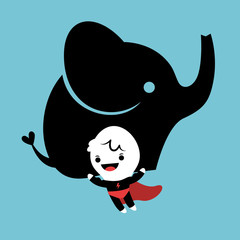 Cute Superhero cartoon figure lifting an elephant