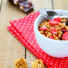 Granola in a white bowl