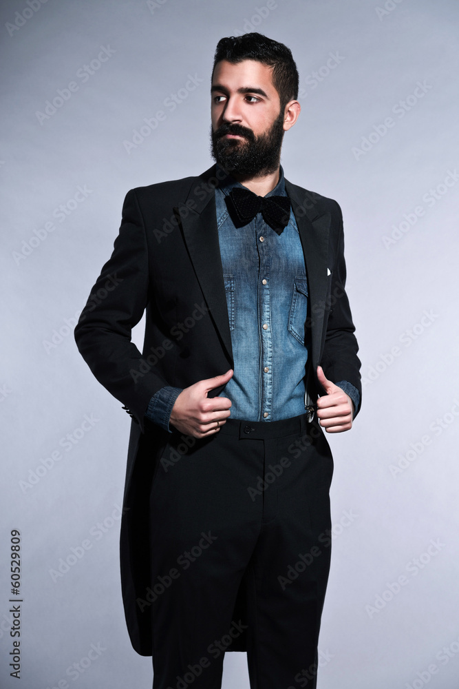 Poster Retro hipster 1900 fashion man in suit with black hair and beard