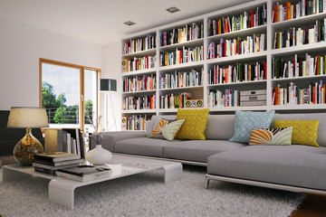 Wohnzimmer mit sofa und bücherregal - bookshelf in apartment - obrazy, fototapety, plakaty